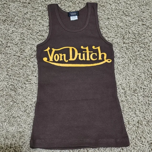 New Von Dutch Tank Brown Yellow Script Ribbed Stretch - Picture 2 of 6